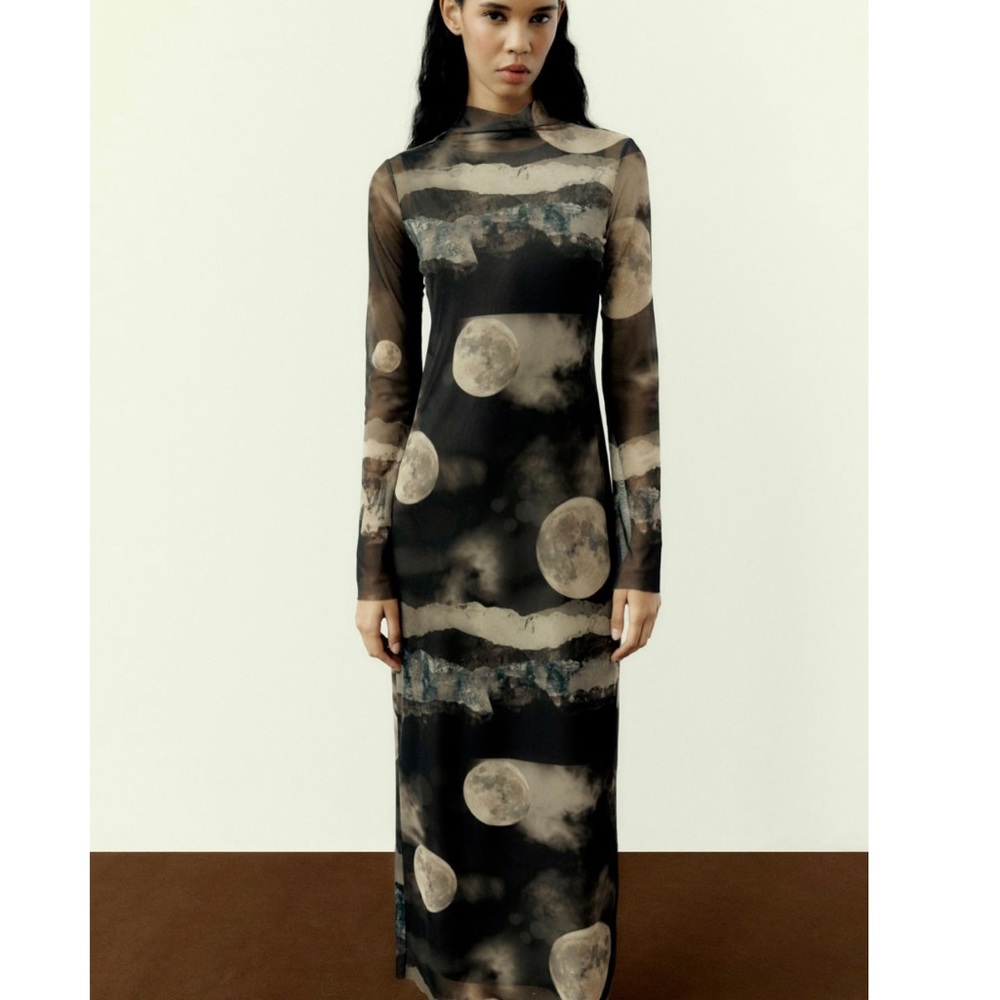 Zara Tulle Moon Print Long Dress with Sleeves